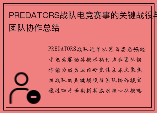 PREDATORS战队电竞赛事的关键战役与团队协作总结