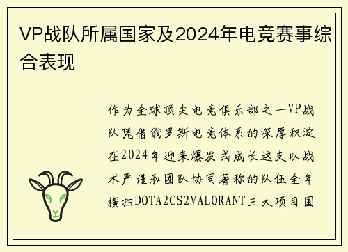 VP战队所属国家及2024年电竞赛事综合表现